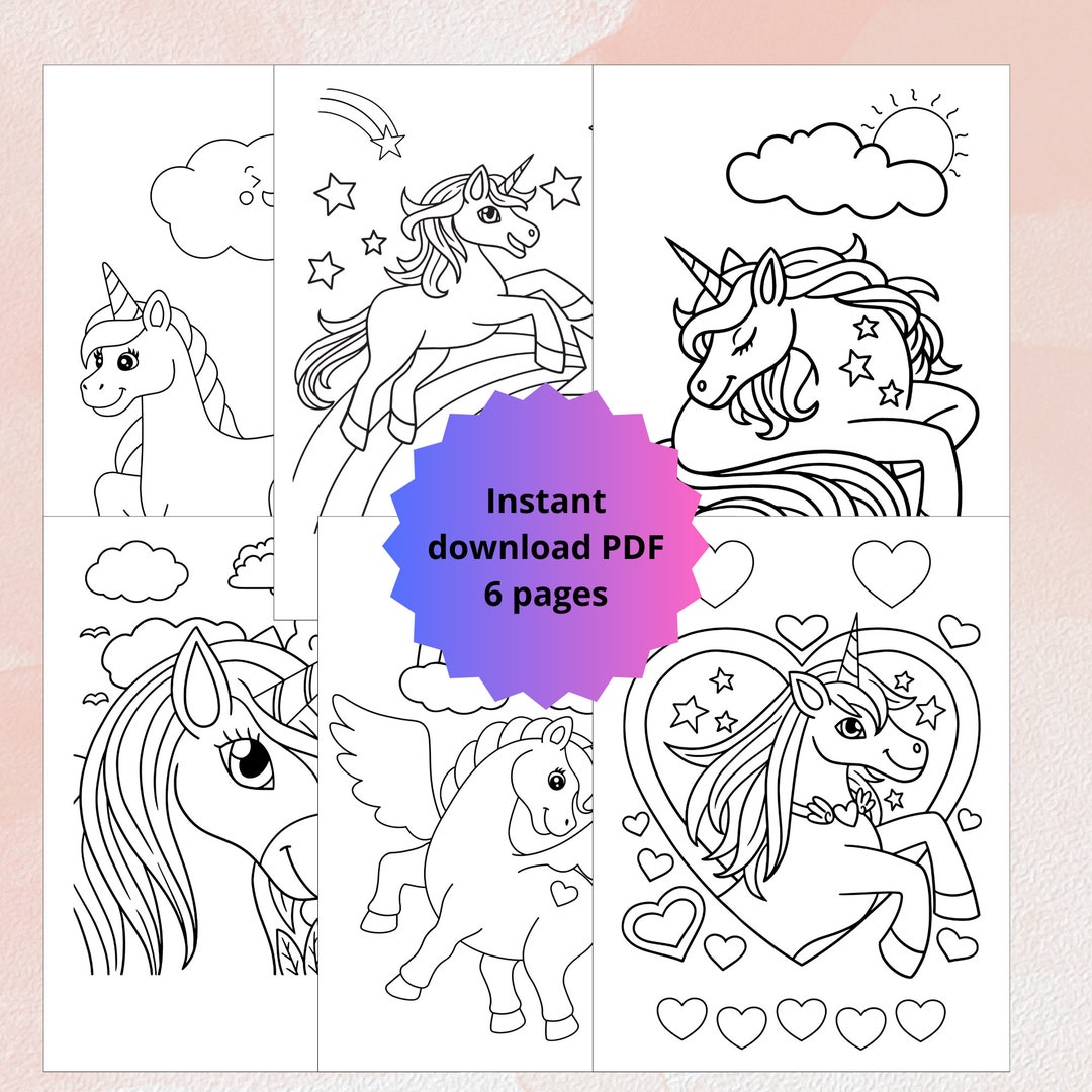 Printable Unicorns Coloring Pages for Kids, 6 Sheets, A4/US Letter ...