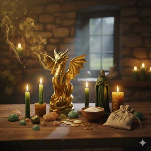 May include: A golden dragon statue with outstretched wings is the centerpiece of a mystical display. Green candles, gemstones, and a small statue of a woman are arranged on a wooden table. A small bag with the initials "FH" is also present.