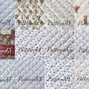 Pu&ograve; includere: Una griglia di dodici campioni di tessuto trapuntato con vari motivi floreali, a quadri e con orsetti. Ogni sezione &egrave; etichettata con testo che include Pattern Y, Pattern Z, Pattern A1 fino ad A10, mostrando diversi design tessili.