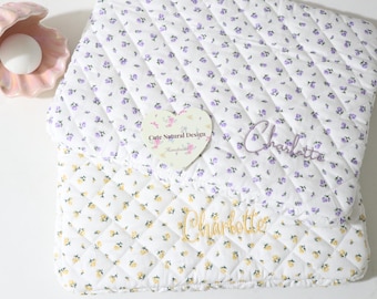 Customized Name Floral Sleeve, Quilted Cotton Case, Laptop/iPad Tablet Sleeve, Macbook Case, Laptop Cover, iPad Pouch, Puffy Laptop Bag