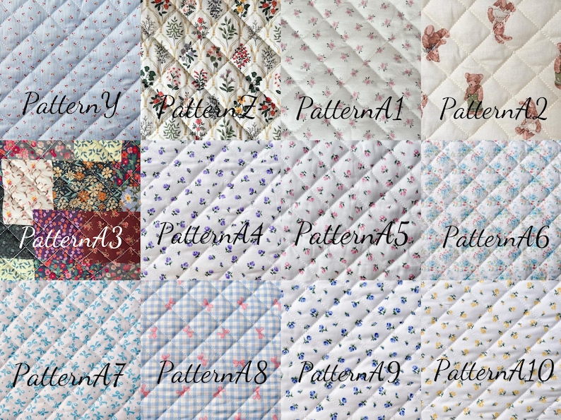May include: A collection of quilted fabric swatches with various floral and patterned designs. The swatches include patterns with small flowers, teddy bears, and patchwork. Each swatch is labeled with a pattern name, such as "Pattern Y" and "Pattern A10".