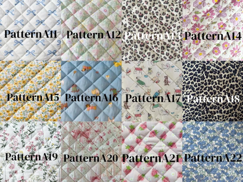 May include: A grid of twelve quilted fabric swatches labeled PatternA11 through PatternA22. The patterns include blue bows, floral prints, leopard spots, yellow sunflowers, cartoon animals, strawberries, and small blue blossoms on white or colored backgrounds.