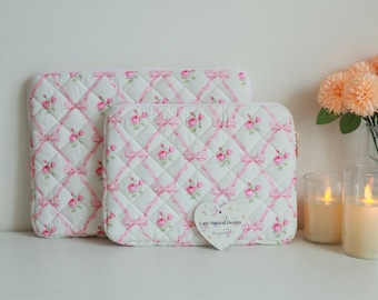 Pink Bow Floral iPad Sleeve, Quilted Laptop Sleeve, MacBook Pouch