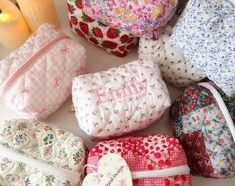 Floral Quilted Organizer, Custom Cotton Makeup Bag, Toiletry Bag, Travel Bag,  Embroidered Elegant Cosmetic Bag for Women, Bridesmaid Gifts