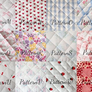 May include: A grid of twelve fabric swatches featuring various quilted and printed designs labeled Pattern M through X. The patterns include pink bows, red hearts, blue gingham, floral motifs, cherries, strawberries, and red checkered squares.