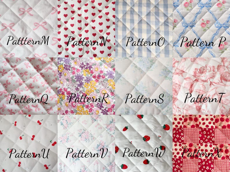 May include: A grid of twelve fabric swatches featuring various quilted and printed designs labeled Pattern M through X. The patterns include pink bows, red hearts, blue gingham, floral motifs, cherries, strawberries, and red checkered squares.
