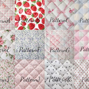 May include: A collection of quilted fabric swatches with various patterns. Designs include pink gingham, strawberries, bows, floral, and polka dots. Each swatch is labeled with a pattern name, such as "Pattern A" or "Pattern B".