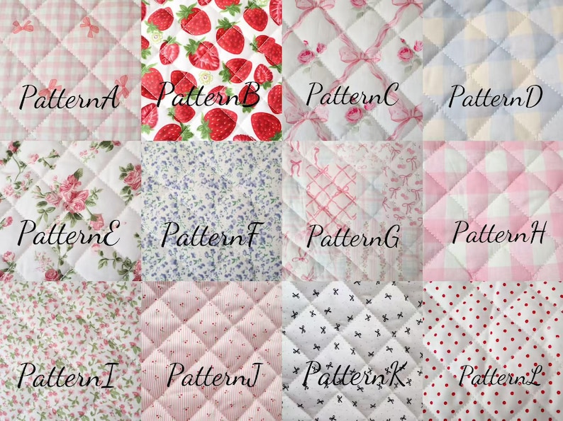 May include: A collection of quilted fabric swatches with various patterns. Designs include pink gingham, strawberries, bows, floral, and polka dots. Each swatch is labeled with a pattern name, such as "Pattern A" or "Pattern B".