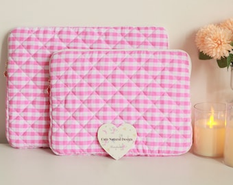 Pink Plaid Quilted iPad Sleeve: Cotton Tablet Cover