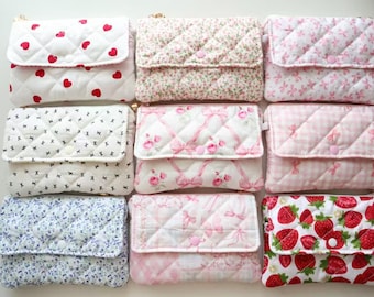Pink Bow Quilted Floral Mini Wallet: kawaii Coin Purse, Card Holder, iPhone bag, storage small bag, Lipstick bag