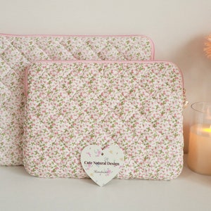 Pink Floral  Sleeve: Quilted Cotton Tablet Case, Laptop Sleeve, iPad Tablet Sleeve, Macbook Case, Laptop Cover, iPad Pouch, Puffy Laptop Bag