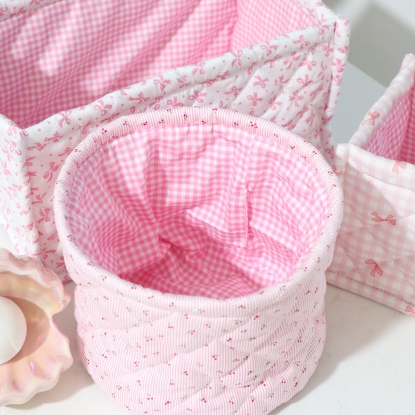 Cesta de almacenamiento de juguetes de algodón acolchado con flores: organizador de maquillaje, cesta reversible, escritorio, cocina, guardería, regalo de Navidad