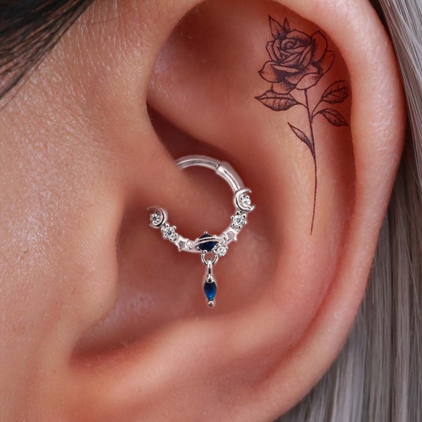 Daith Jewelry Dangle, Daith Earring with Clicker, Unique Ring Hoop Ear Piercing Jewellery Surgical Stainless Steel 16G Celestial Star Moon