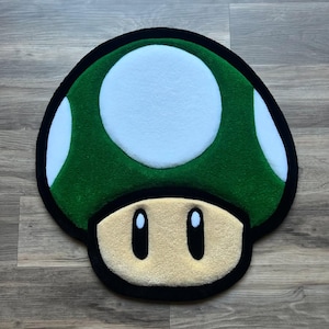 Handmade Tufted Custom Rug: Green Mushroom Character Gamer Inspired Colorful Decor