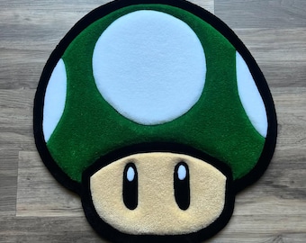 Handmade Tufted Custom Rug: Green Mushroom Character Gamer Inspired Colorful Decor