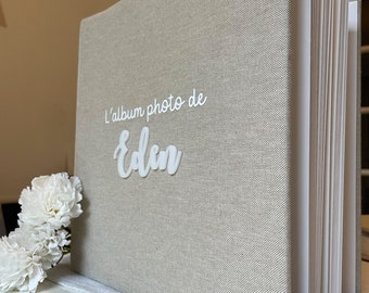 Beige linen bound photo album, to personalize with first name