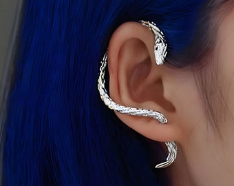 Snake Earring: Snake Ear Cuff, Snake Ear Jacket, Silver Snake Desing Earrings, Emo Earrings, Edgy Earrings, Goth Punk Aesthetic Jewelry
