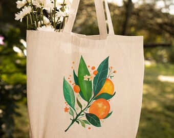Orange Blossom Tote | 100% Organic Cotton Canvas Tote Bag | Spring Orange Art Print | Floral Oranges | Fruit Bag | Handmade Cottagecore Gift