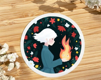 Naklejka kwiatowa z Sophie i Calciferem | Ruchomy zamek Hauru (3”x3”