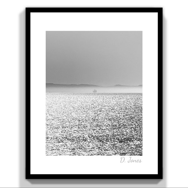 Ventura, California ‘Eye Sore’ Oil Platform Pacific Ocean Water Waves Marine Layer Sky Mountains Black & White Photography Digital Download
