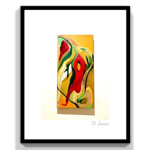 May include: Abstract painting on canvas with a yellow, red, green, and white color scheme. The painting is framed and signed "D. James".