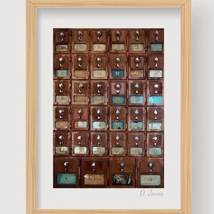 May include: A wall of vintage, brass mailboxes with numbered slots. The mailboxes are arranged in a grid pattern and have a worn, aged look. The numbers on the mailboxes range from 1 to 56.