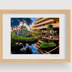 May include: A photograph of a tropical resort with a pond and lush greenery. The pond reflects the sky and the surrounding buildings. The image is signed "D. Jones".