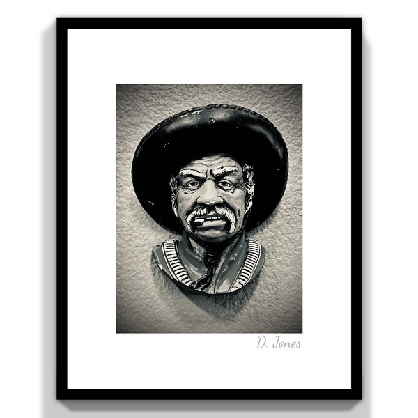 Thousand Oaks, California ‘Pancho’ Sculpture Man Sombrero Mustache Cigar Wall Decor Black & White Photography Digital Download