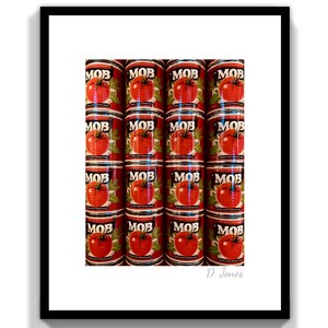 May include: A close-up of a wall of canned tomatoes, all labeled "MOB". The cans are stacked in a grid pattern, with the red tomatoes visible through the clear glass.