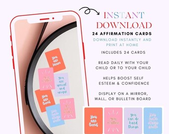 May include: A set of 24 printable affirmation cards with positive messages for children. The cards feature colourful backgrounds and handwritten text. The cards are designed to help boost self-esteem and confidence. The text on the cards includes phrases like "You are loved", "You matter", "You are special and unique", "You can do hard things", "You make others smile", "You are a good friend", "You are a leader", and "You are brave".