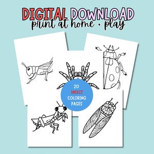 May include: Digital download of insect-themed coloring pages. The image shows five white pages with insect illustrations, including a grasshopper, spider, and ladybug. Text reads "DIGITAL DOWNLOAD print at home + play" and "20 INSECT COLORING PAGES".