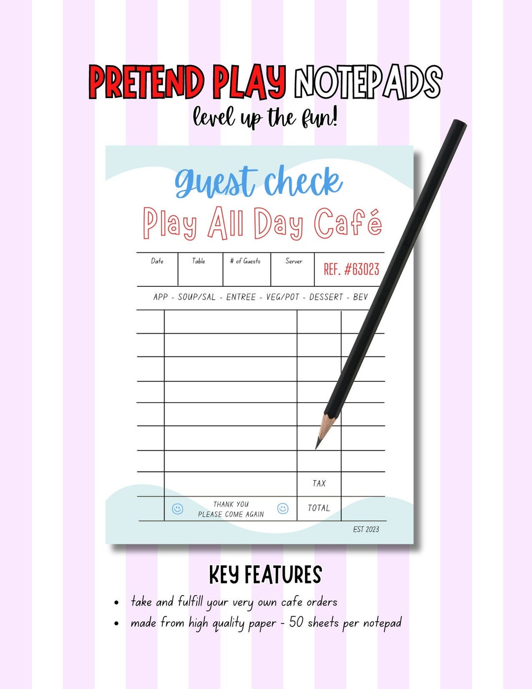 Restaurant Guest Check Pretend Play Notepad - 50 Pages per Notepad - Etsy