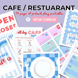 May include: Printable set of 14 pages for pretend play, featuring a cafe theme. The set includes signs for "Open/Closed", "Pay Here", "Pick-Up", and a menu with items like coffee, iced tea, hot dogs, mac and cheese, and chicken nuggets. The set also includes a play money bill, a credit card, and a placemat with a plate and silverware.