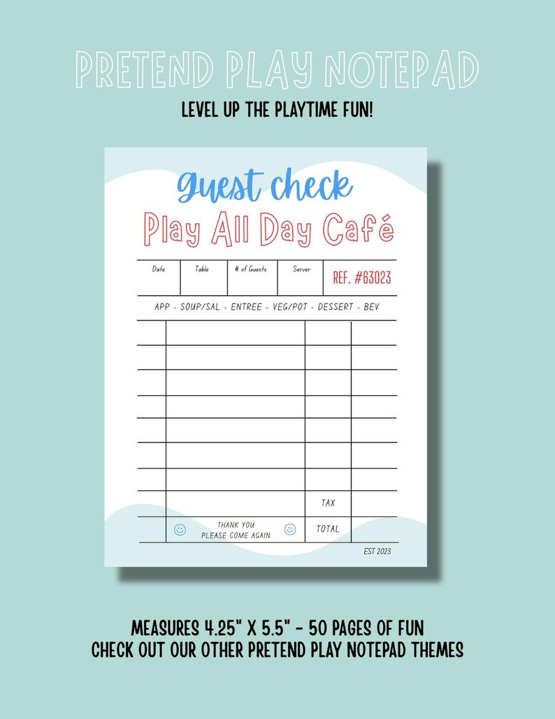 Restaurant Guest Check Pretend Play Notepad - 50 Pages per Notepad - Etsy