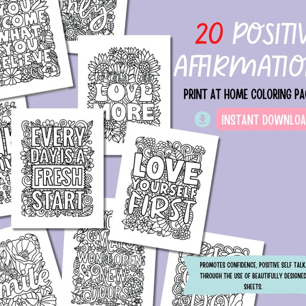 20 Positive Affirmation / Positive Self Talk Print At Home Coloring Pages - Set of 20