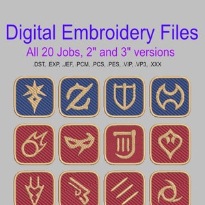 May include: Digital embroidery files with 20 job designs in 5 cm and 7.6 cm versions. Each design is a square with a unique symbol, embroidered in gold thread on a colored background of blue, red, or green. The text "Digital Embroidery Files" is at the top.