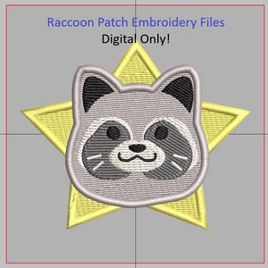 Op de afbeelding: Een schattig borduurontwerp met een wasbeergezicht in grijs en zwart, met een gele stervorm erachter. Het ontwerp zegt "Raccoon Patch Embroidery Files Digital Only!"