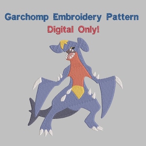 Puede incluir: Patrón de bordado de un Garchomp Pokémon azul y rojo, una criatura ficticia con dientes y garras afiladas. El patrón es solo para descarga digital.