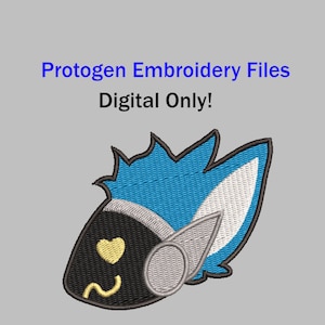 May include: Embroidered design of a blue and white protogen with a black body and a heart on its face. The design is labeled "Protogen Embroidery Files Digital Only!"