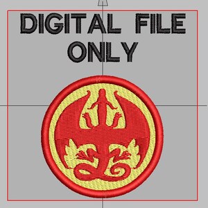 May include: A circular embroidery design featuring a red mythical creature with wings and a tail on a yellow background, enclosed by a red border. The text DIGITAL FILE ONLY is embroidered in black above the circular emblem on a gray background.