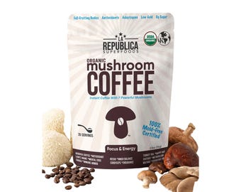 Könnte beinhalten: Ein weißer Beutel La Republica Superfoods Bio-Pilzkaffee mit braunem Text, Pilzsymbol und 35 Portionen. Das Etikett listet Inhaltsstoffe wie Lion's Mane, Chaga, Reishi und Cordyceps auf, mit einem Nettogewicht von 70 g.