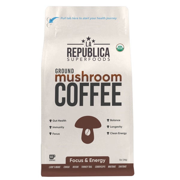 La Republica Ground Mushroom Coffee 12 Oz. Bag (USDA Organic Fair-Trade Brazil) 60 Servings
