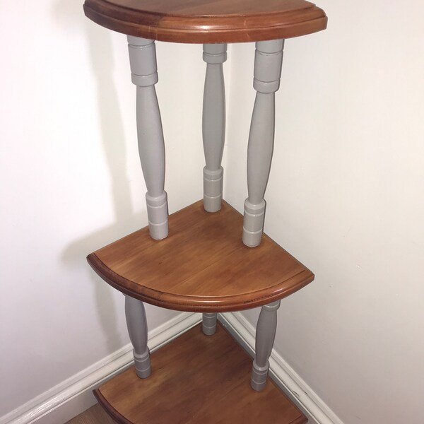 Solid pine 3 tier What-Not with grey painted spindles and Danish oiled shelves