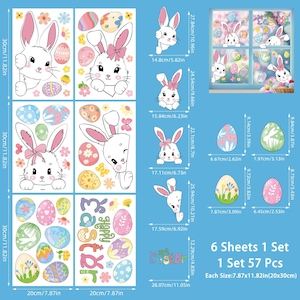 May include: Easter-themed sticker set featuring white bunnies, decorated eggs, and floral accents. The set includes 57 pieces across six sheets, each measuring 7.87x11.82 inches (20x30cm). The stickers have a variety of designs and sizes, perfect for decorating.