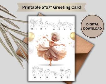 Peut inclure: Carte de vœux imprimable de 12,7 cm x 17,8 cm représentant une femme de dessin animé dans une robe beige avec des ballons dorés et des confettis. La carte comprend les mots "Joyeux anniversaire" écrits en langue des signes française.