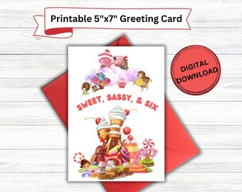 Peut inclure: Carte de vœux imprimable de 12,7 x 17,8 cm avec une illustration de dessin animé colorée d'un château de bonbons et le texte "SWEET, SASSY, & SIX".