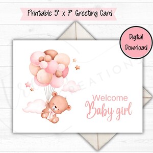 Cartão de boas-vindas para bebê menina - Download DIGITAL - Cartão de boas-vindas para bebê menina para impressão - Cartão simples para bebê para impressão com ursinho de pelúcia fofo e balões