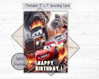 Peut inclure: Carte de vœux imprimable de 12,7 cm x 17,8 cm représentant Flash McQueen de Cars, avec un schéma de couleurs rouge, jaune et noir. La carte contient un message de joyeux anniversaire et montre Flash McQueen en course avec d'autres voitures.