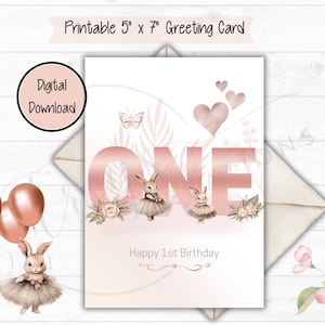 Baby Girl First Birthday Card, Daughter Grand-daughter Niece, Girl's 1st Bunny Birthday Card