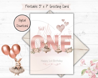 Baby Girl First Birthday Card, Daughter Grand-daughter Niece, Girl's 1st Bunny Birthday Card